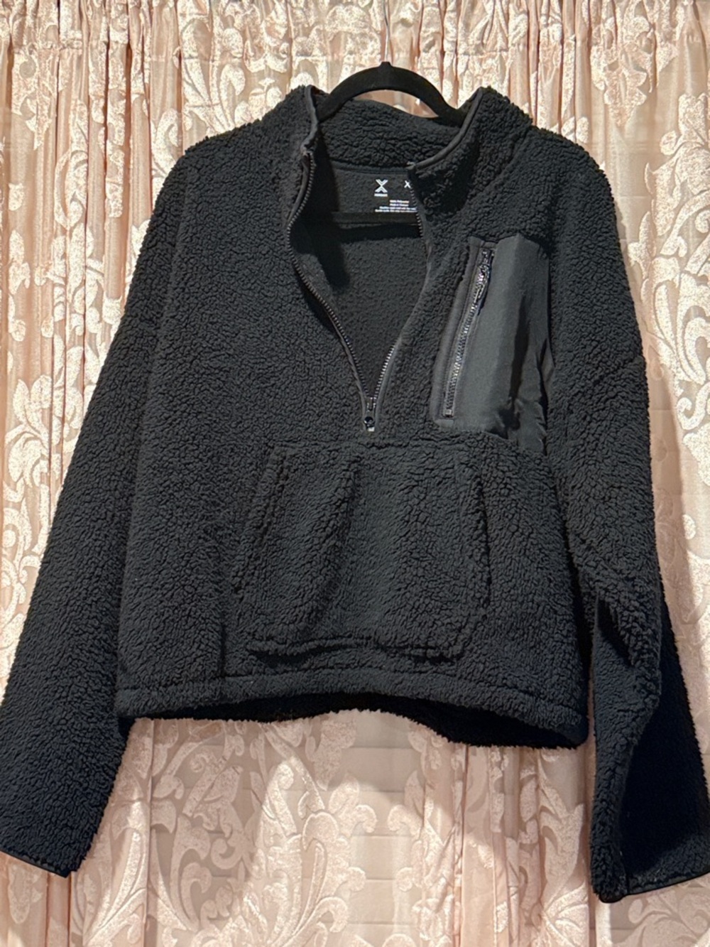 Black Sherpa Quarter-Zip Pullover with Chest Pocket